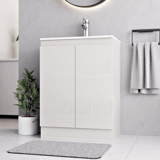 Denver white 600mm vanity unit with double doors and white countertop.