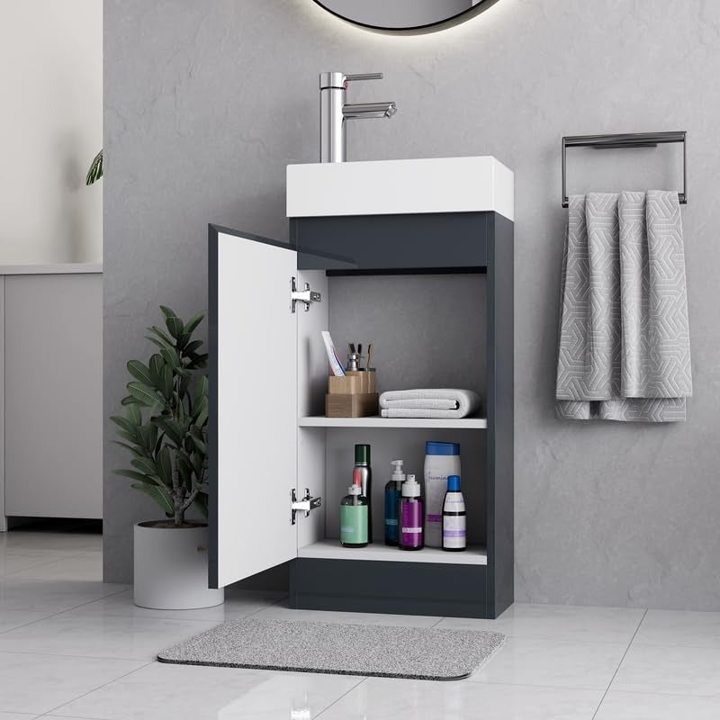  Open storage view of the Denvor Grey 400mm Vanity Unit, featuring spacious shelves, soft-close hinges, and a ceramic basin in a modern bathroom.