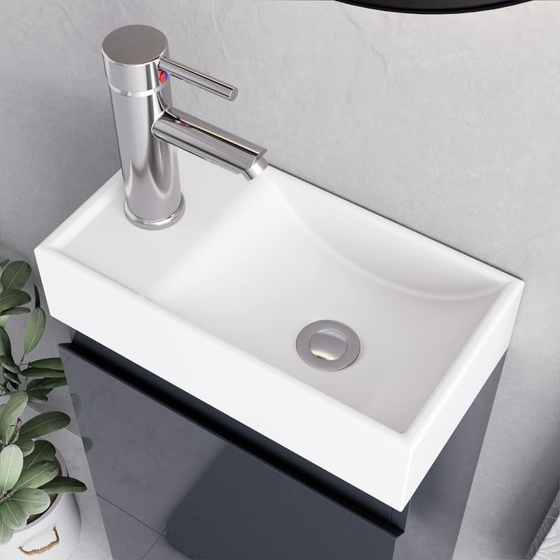 Close-up top view of the Denvor Grey 400mm Vanity Unit’s ceramic basin with a sleek chrome tap, perfect for compact and modern bathrooms.