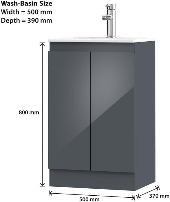 Image showing the dimensions of the Denver Grey 500mm Vanity Unit, including the ceramic basin width and depth.