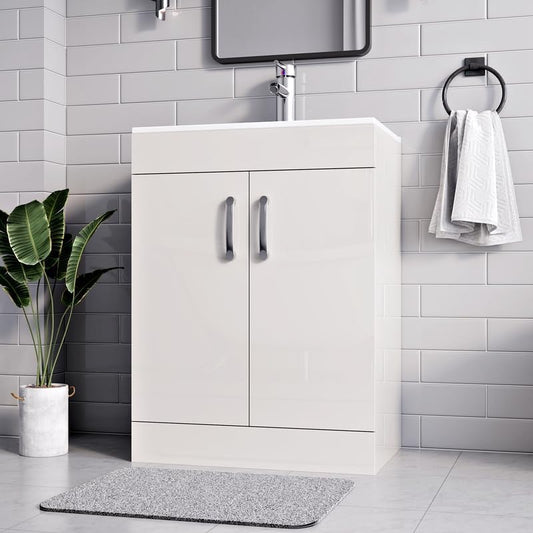 Full view of the New York White 600mm Vanity Unit showcasing a modern design with high-gloss white finish and soft-close hinges.