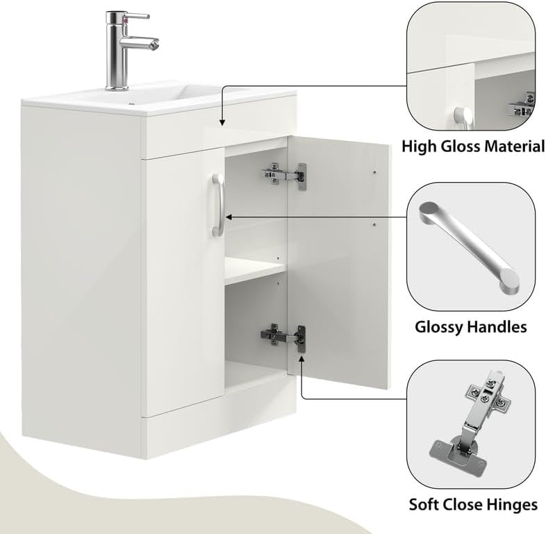 Detailed view highlighting high-gloss material, glossy handles, and soft-close hinges on the New York White 600mm Vanity Unit.