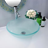 Frosted glass basin with chrome faucet on white countertop in bathroom.