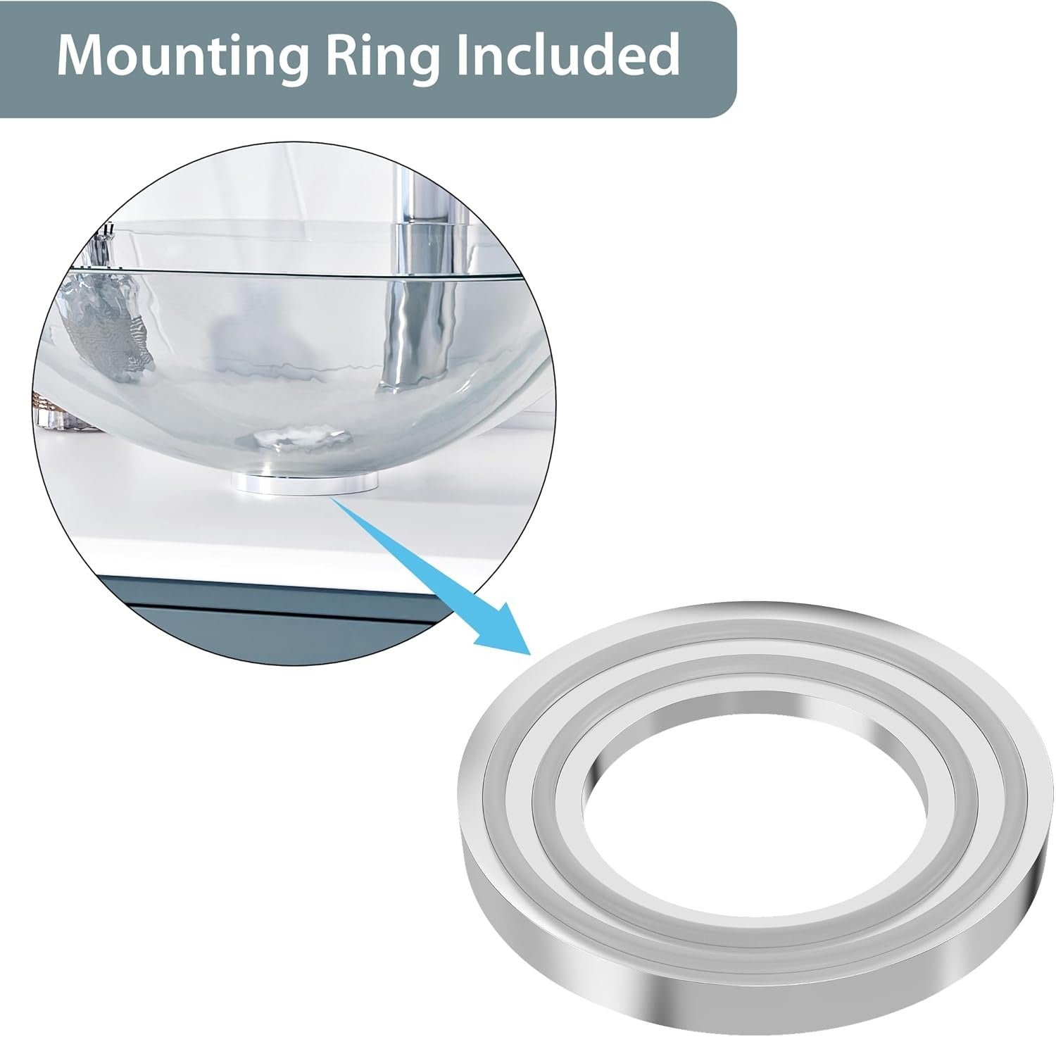 Mounting ring for glass basins, ensuring stability and secure installation on vanity countertops.