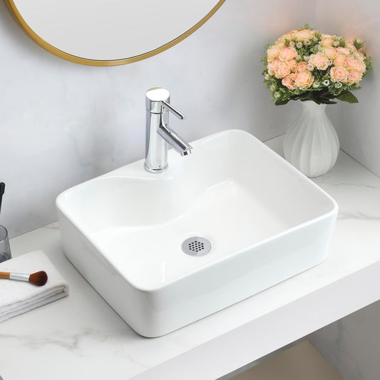 Gloss white countertop basin designed for cloakrooms, featuring a minimalist aesthetic.