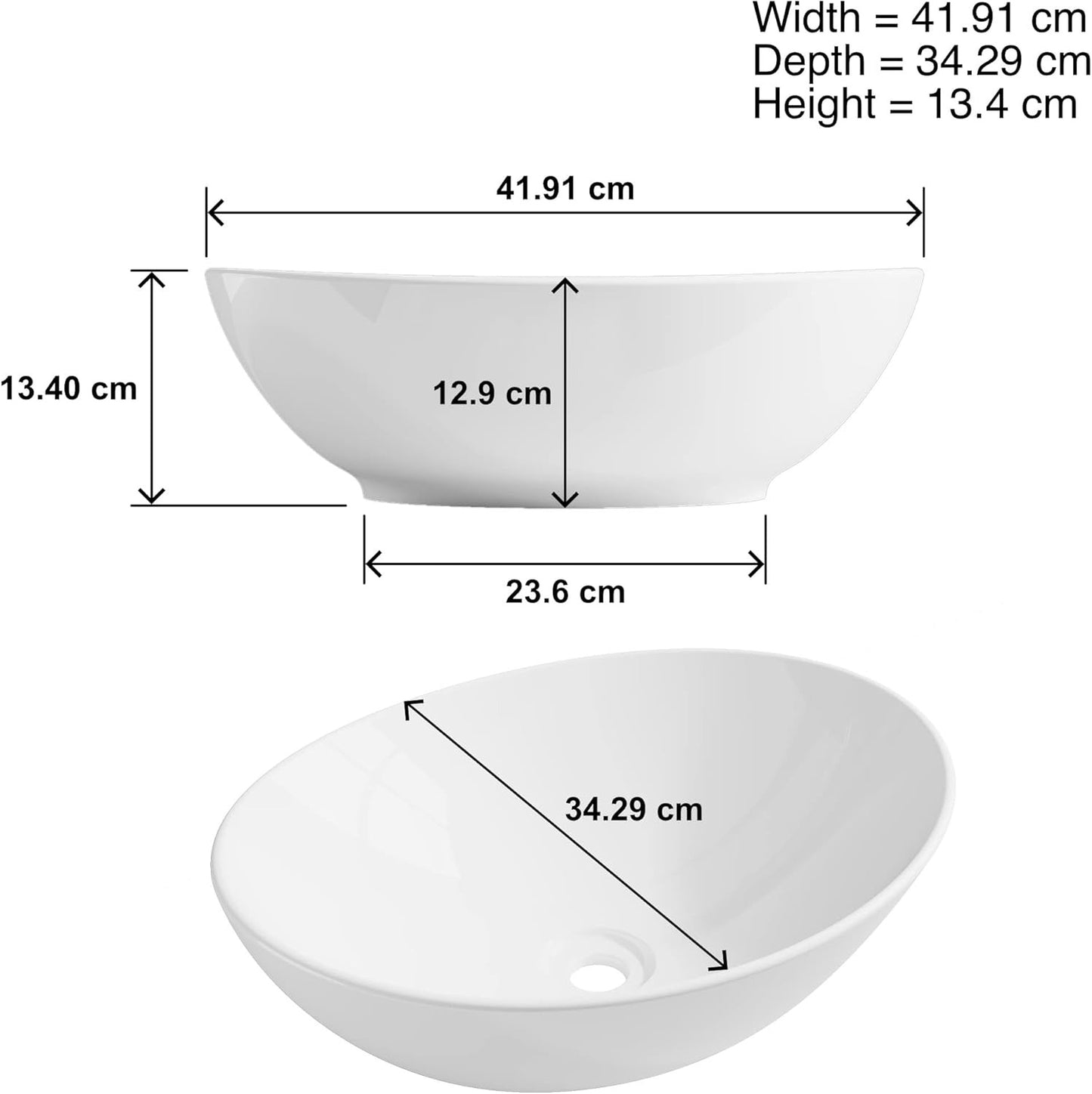 Gloss white oval counter top basin with detailed dimensions for height, width, and depth.