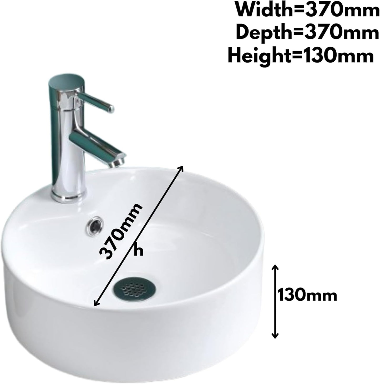 Gloss white round counter top basin with dimensions for height, width, and depth.