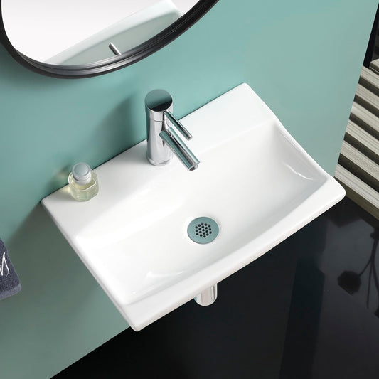 Gloss white wall-mounted cloakroom basin with modern design, ideal for compact bathrooms and vanities.