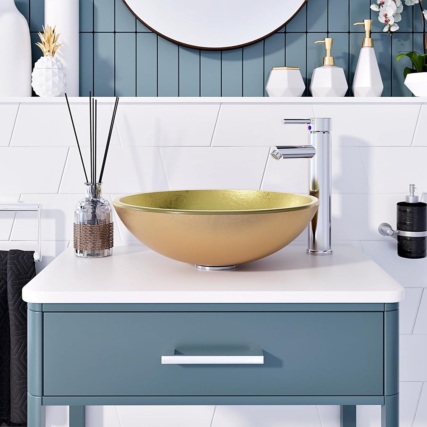 Gold glass basin with countertop sink and chrome faucet in modern bathroom.