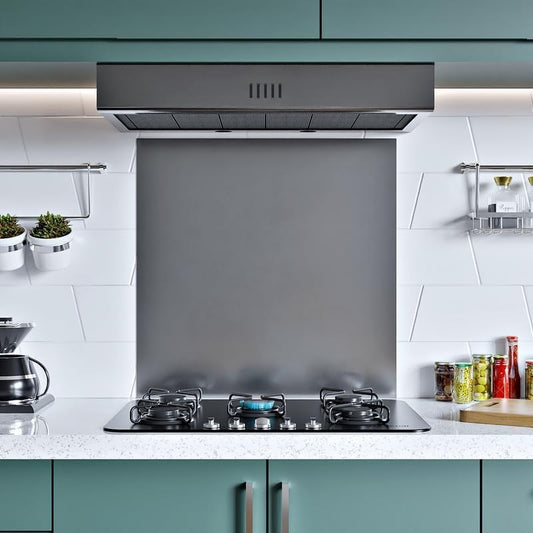 Grey stainless steel splashback 60x55cm installed in a modern kitchen setting.