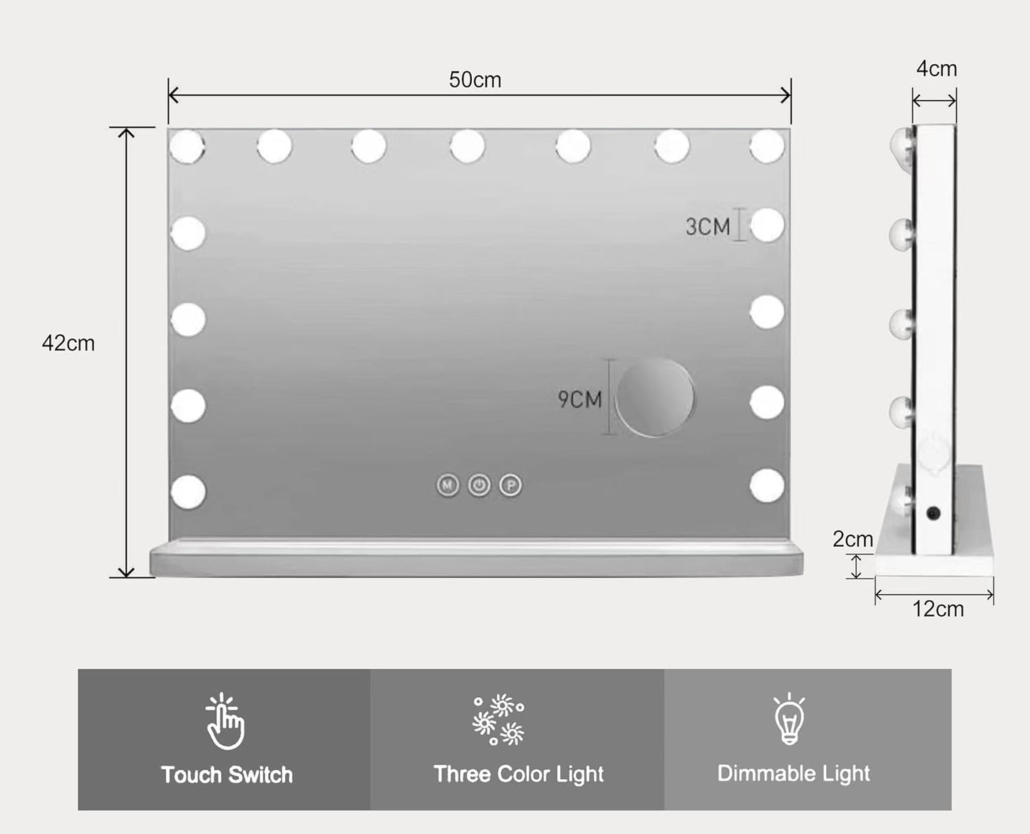 Hollywood vanity mirror 50x42cm with touch switch, dimmable light, three color modes, and built-in magnifier.