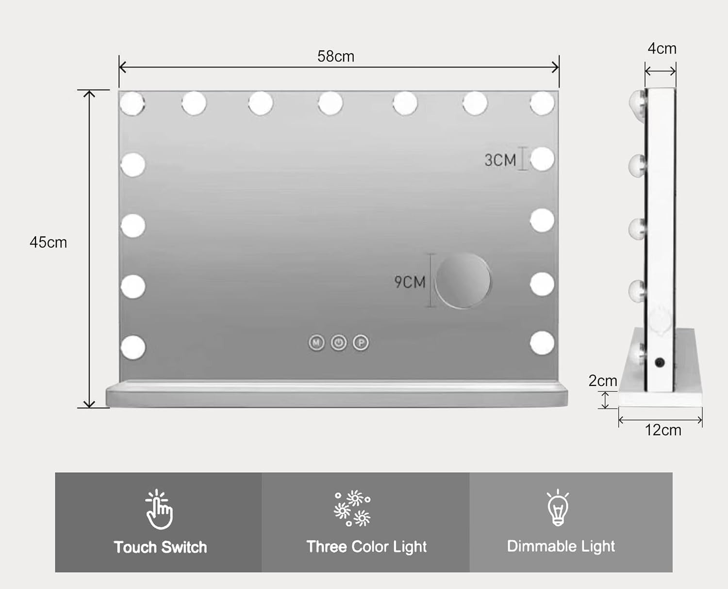 Hollywood vanity mirror 58x45cm with touch switch, dimmable light, three color modes, and built-in magnifier.