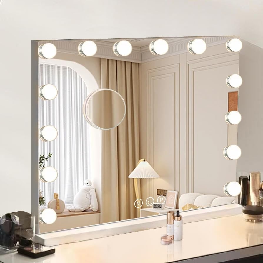 Hollywood vanity mirror 58x45cm with dimmable LED bulbs and built-in magnifier.