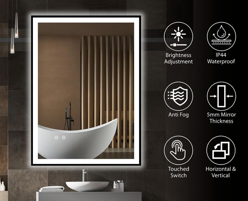 Lucian LED bathroom mirror 100x60cm with black frame, featuring anti-fog, dimmable touch controls, and three light colors.