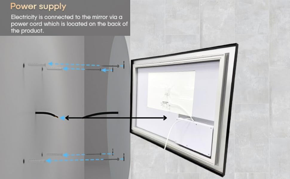 Installation guide for Lucian LED bathroom mirror 100x60cm with power supply setup.