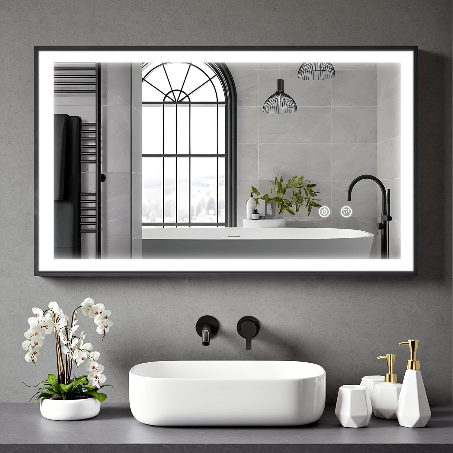 Lucian LED bathroom mirror 100x60cm installed above a modern sink with dimmable lighting.