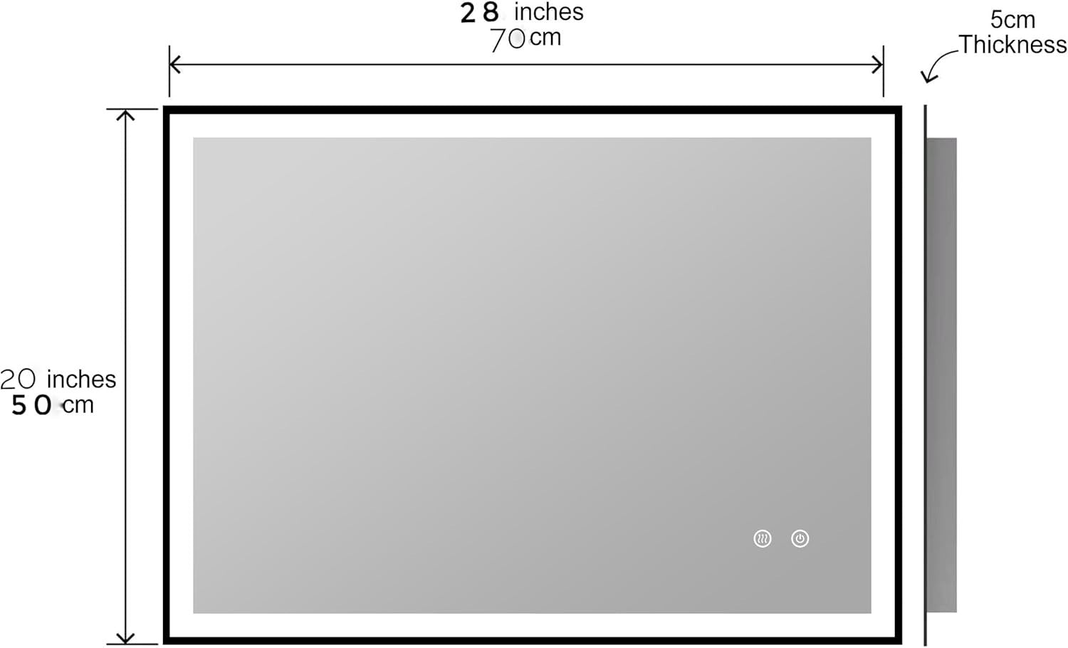 Lucian LED bathroom mirror 70x50cm with touch controls and 5cm thickness.