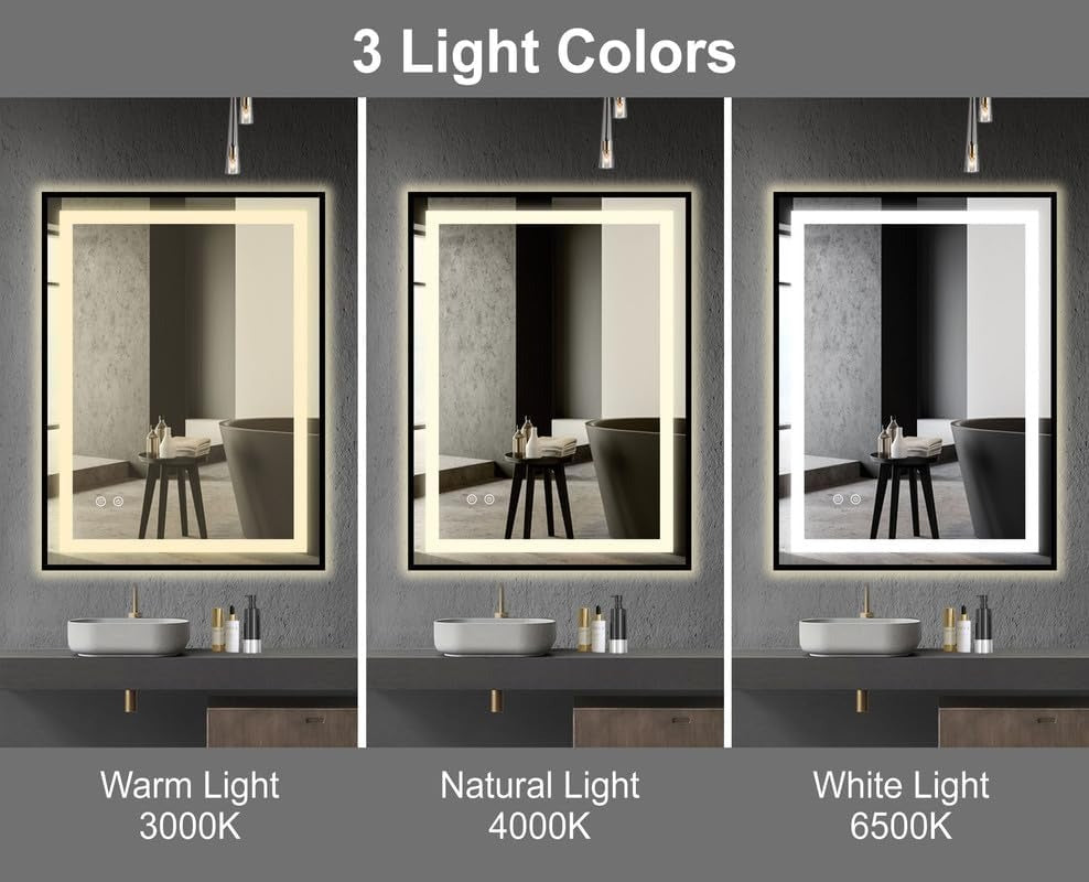 Lucian LED bathroom mirror 70x50cm showing warm, natural, and white light color settings.