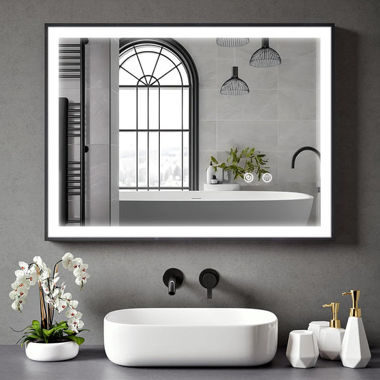 Lucian LED bathroom mirror 80x60cm installed above a modern sink with dimmable lighting.