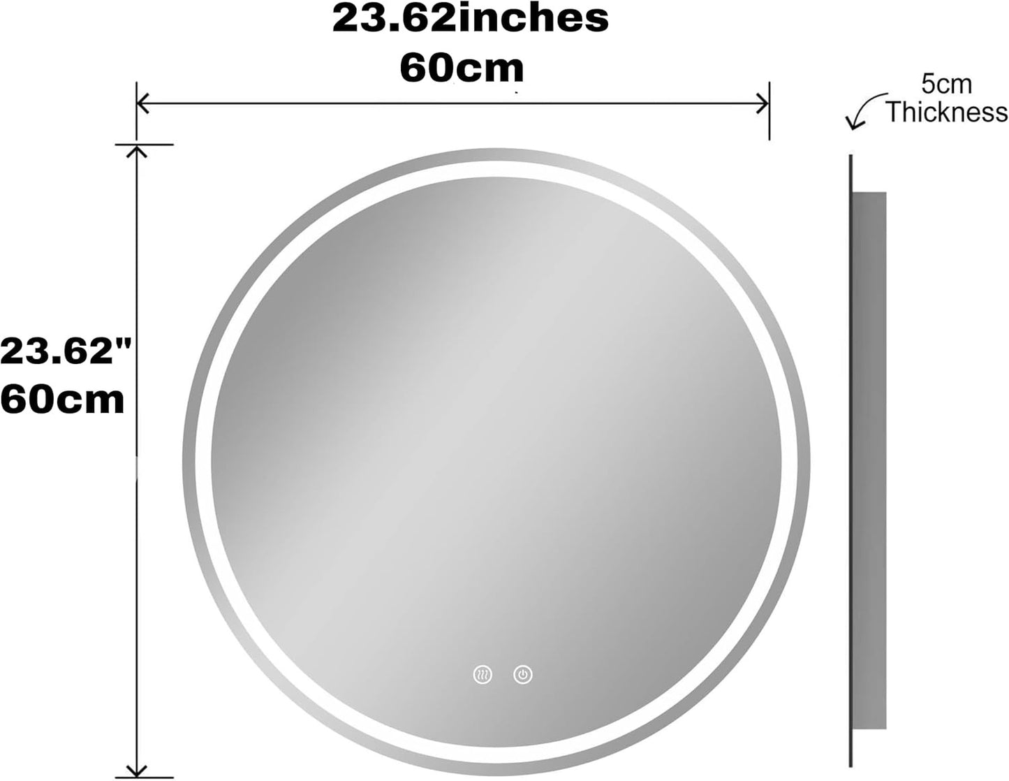 Lucy round LED bathroom mirror 60cm with touch controls and 5cm thickness.