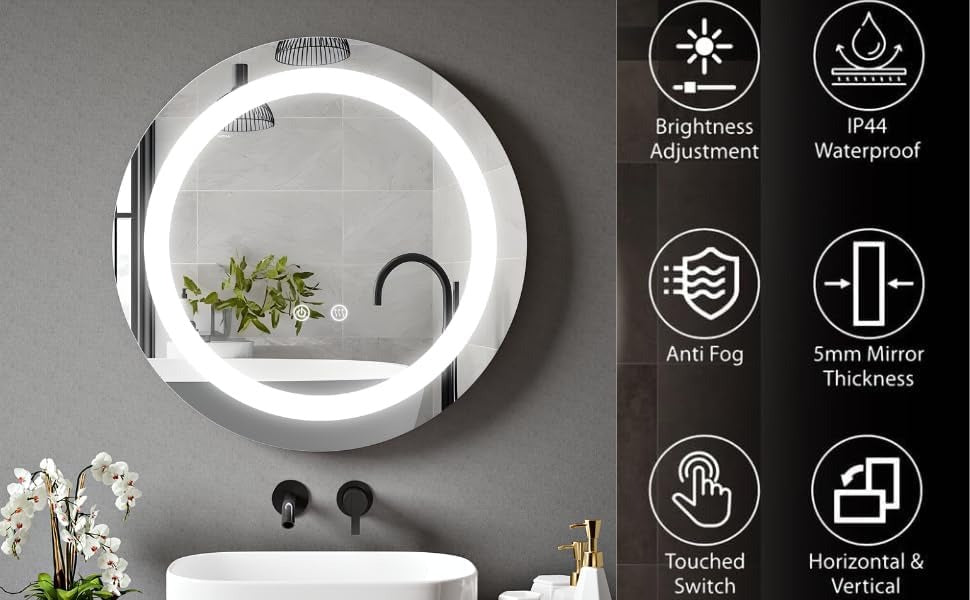 Lucy round LED bathroom mirror 60cm with anti-fog, brightness adjustment, and touch controls.