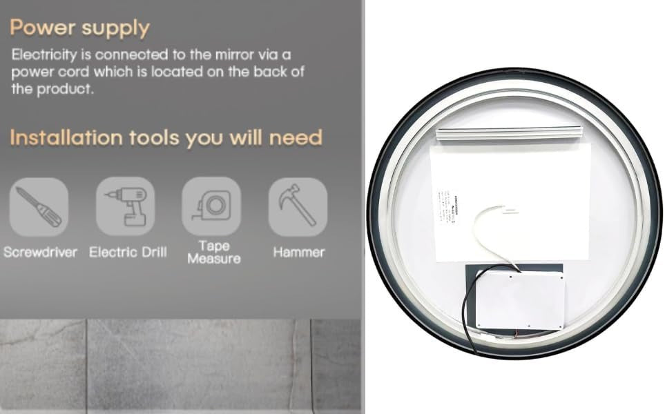 Back view of Lucy round LED bathroom mirror 60cm showing wiring and installation tools needed.