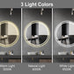 Lucy round LED bathroom mirror 60cm displaying warm, natural, and white light settings.