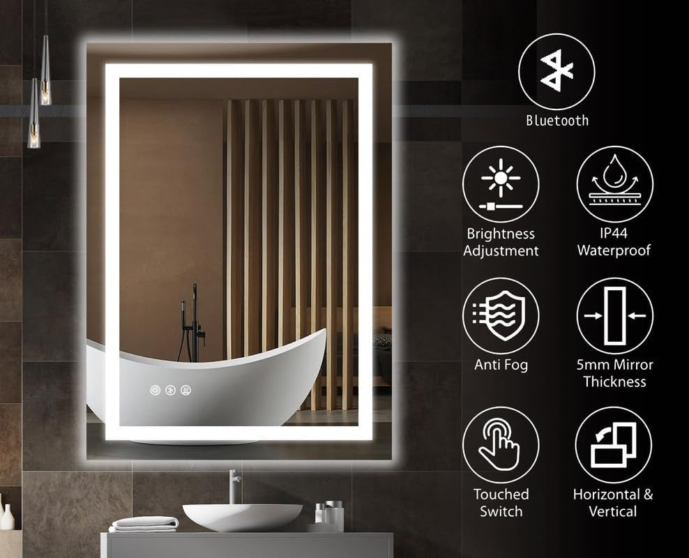 Maxon 70x50cm LED bathroom mirror with Bluetooth speakers, anti-fog, brightness adjustment, and IP44 waterproof rating.