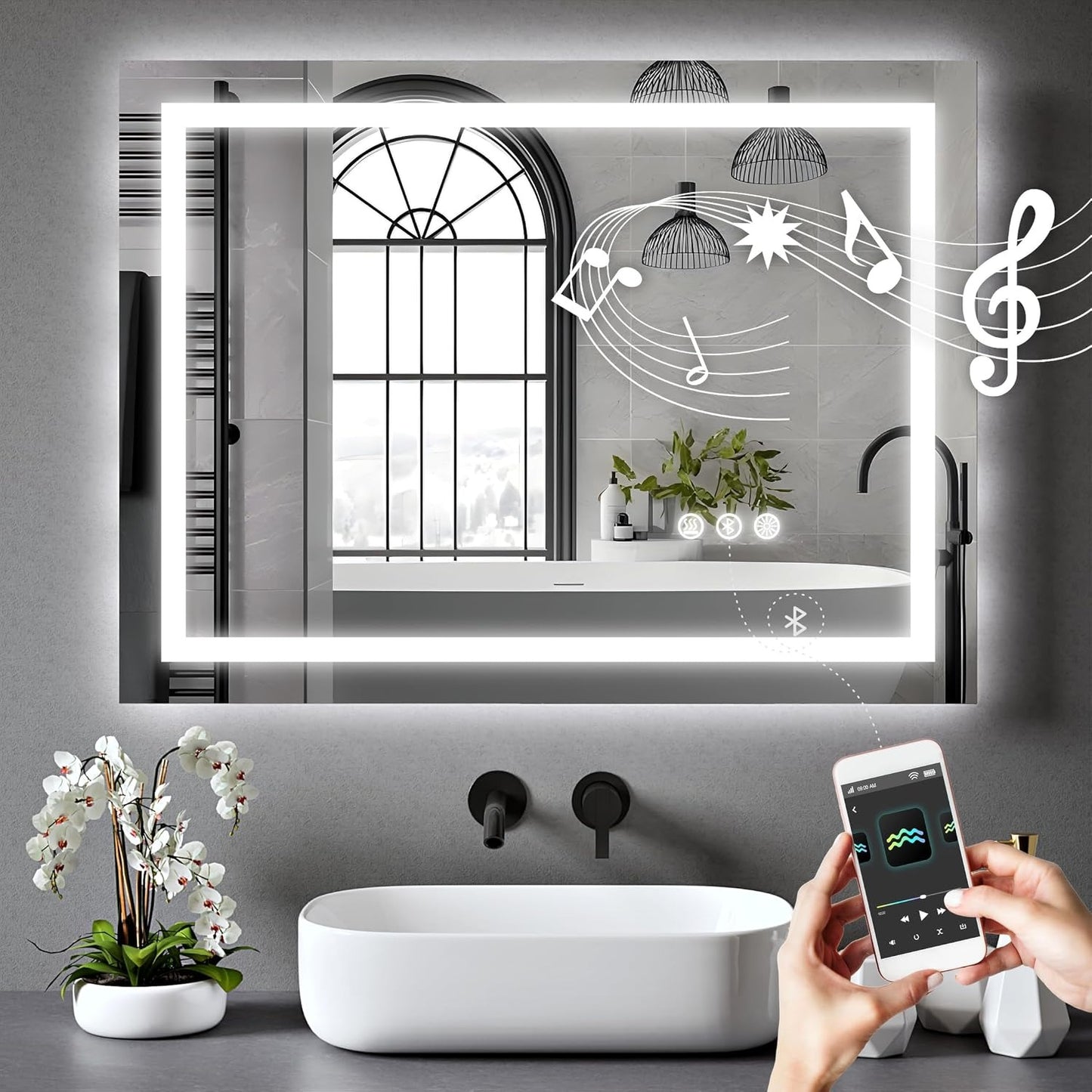 Maxon 70x50cm LED bathroom mirror installed above a sink, playing music via Bluetooth connection.