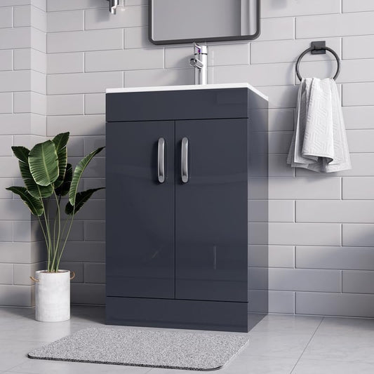 Stylish New York Grey 500mm Vanity Unit with a modern rectangular basin and spacious cabinet storage, placed in a tiled bathroom setting.