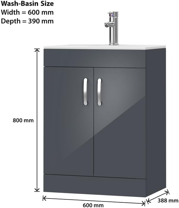 Dimensions of New York Grey 600mm Vanity Unit with 600mm width and 390mm depth.