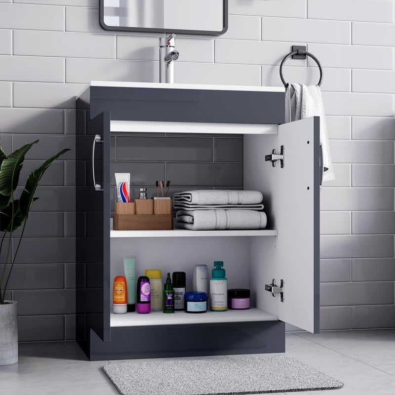 Open storage of New York Grey 600mm Vanity Unit displaying organized shelves.