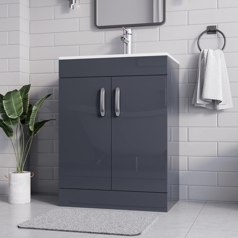 Side view of New York Grey 600mm Vanity Unit highlighting open cabinet storage.