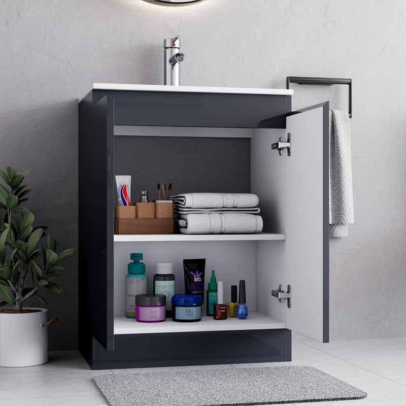 Interior view of the Denver Grey 500mm Vanity Unit with open storage shelves for bathroom essentials.