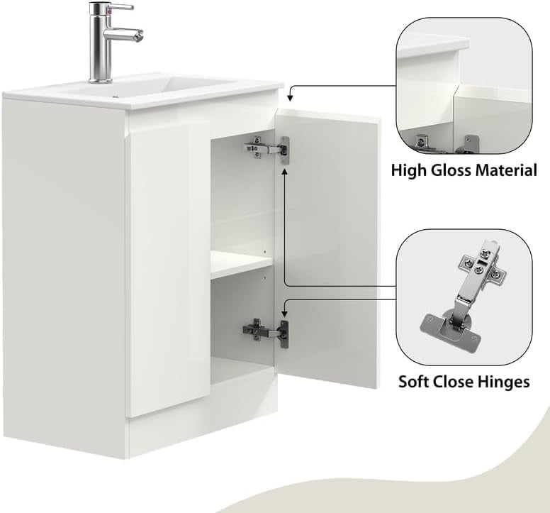 Features of the Denver White 500mm Vanity Unit including soft close hinges and glossy handles.