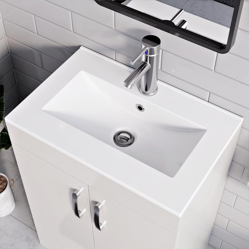 Top view of the white ceramic basin on the New York White 600mm Vanity Unit with chrome tap.