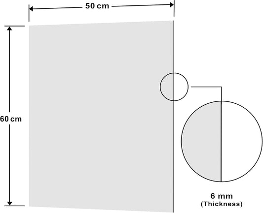 Diagram showing the dimensions of the white glass splashback 50x60cm with 6mm thickness.