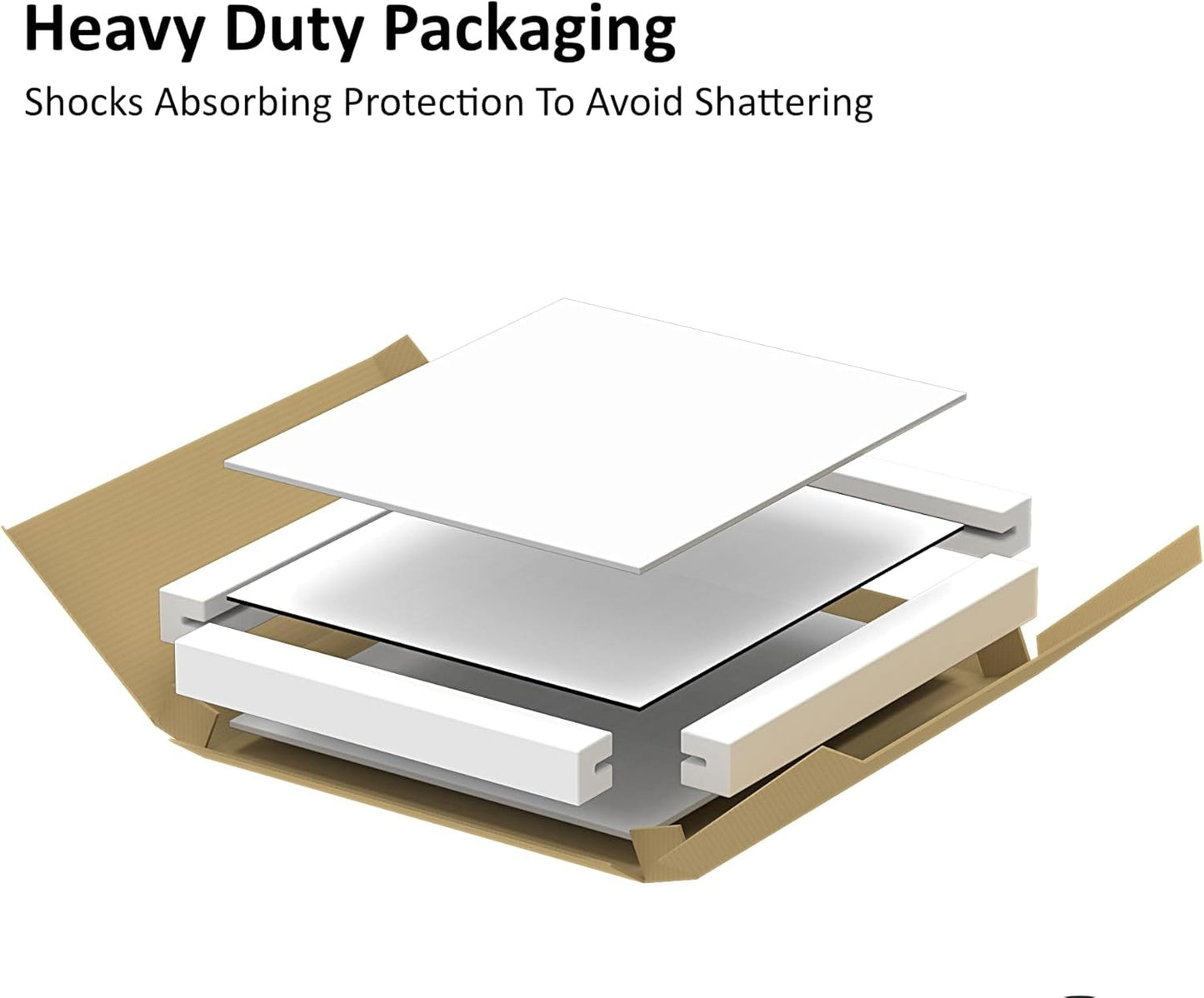 Heavy-duty packaging for white glass splashback 50x60cm, designed for shock absorption and shatter protection.