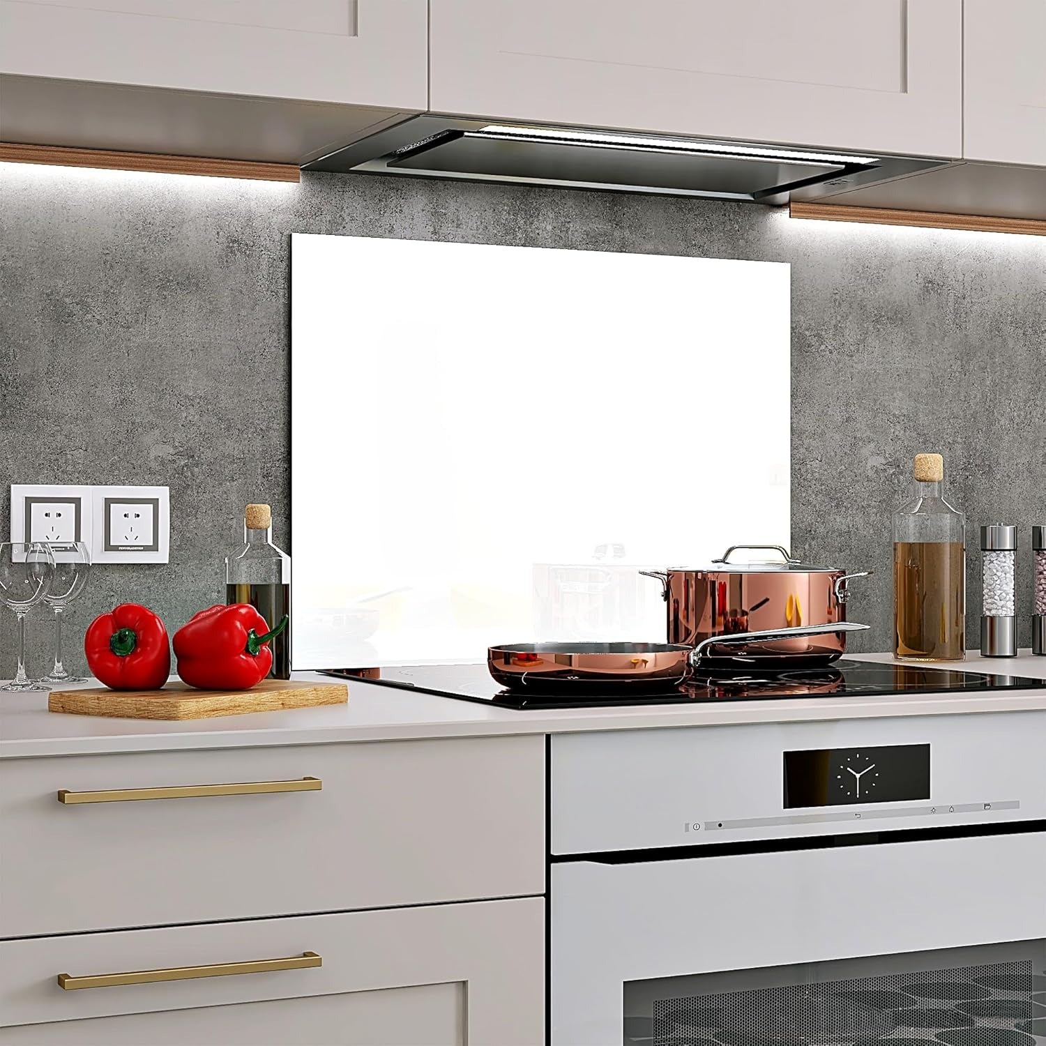 White glass splashback 50x60cm installed in a modern kitchen with grey concrete backsplash and copper cookware.