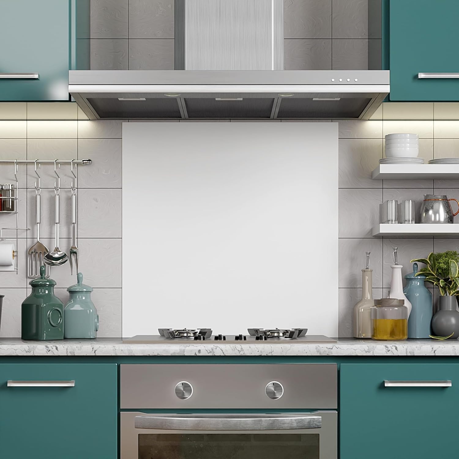 White glass splashback 50x60cm installed in a sleek kitchen with teal cabinets and stainless steel appliances.