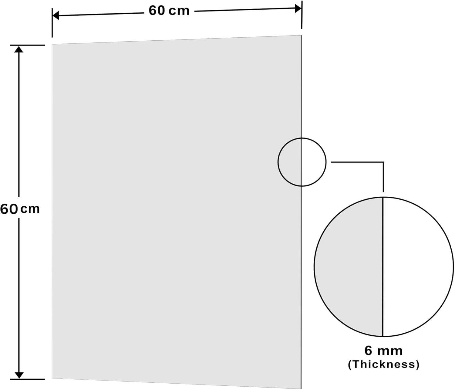 Diagram showing the dimensions of the white glass splashback 60x60cm with 6mm thickness.