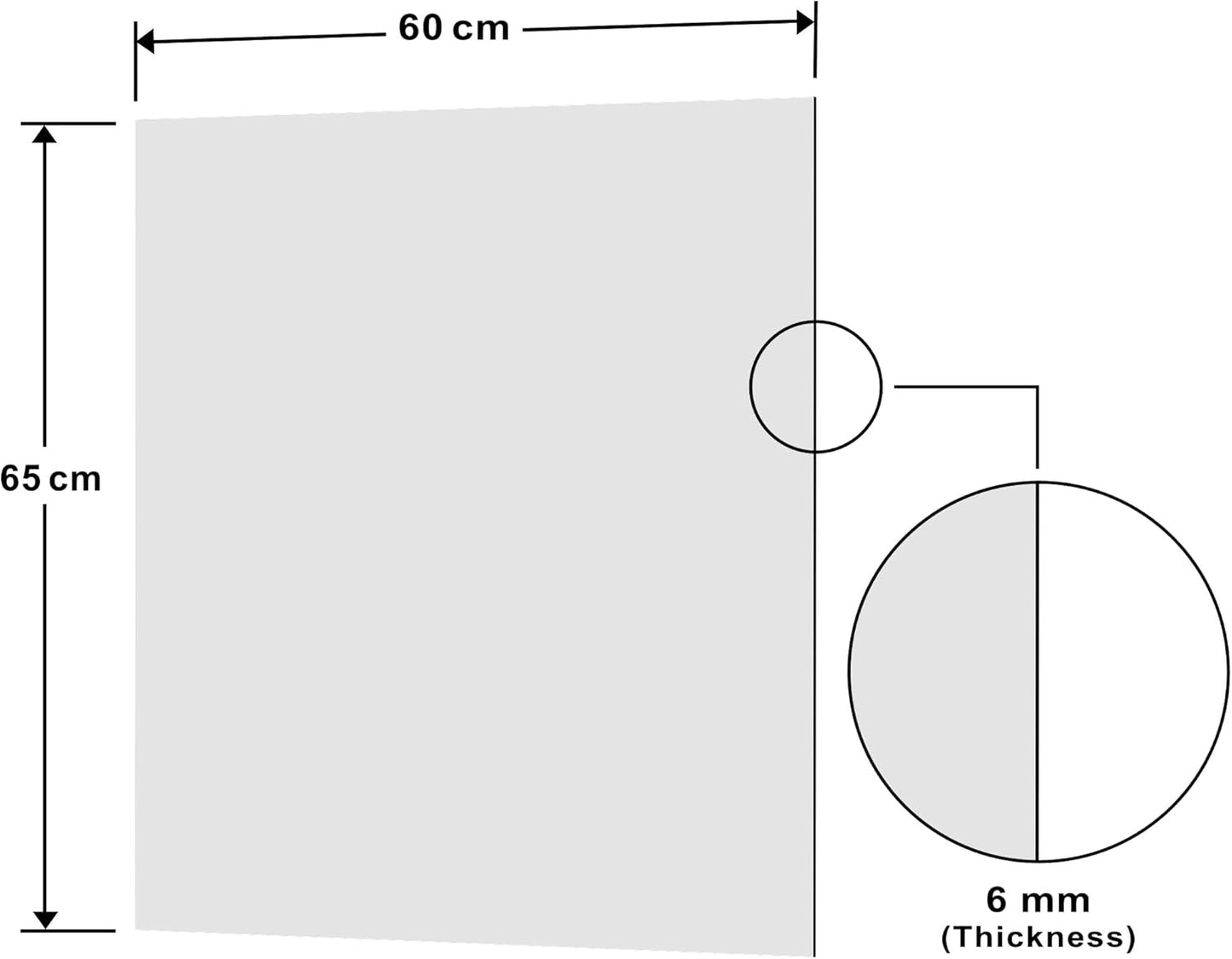 Diagram showing the dimensions of the white glass splashback 60x65cm with 6mm thickness.