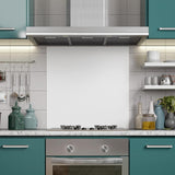 White glass splashback 60x65cm installed in a sleek kitchen with teal cabinets and stainless steel appliances.