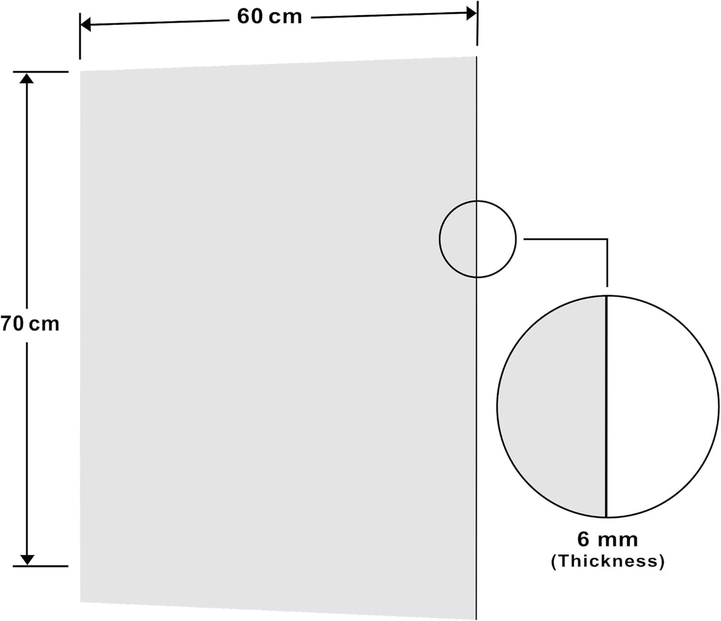 Diagram showing the dimensions of the white glass splashback 60x70cm with 6mm thickness.