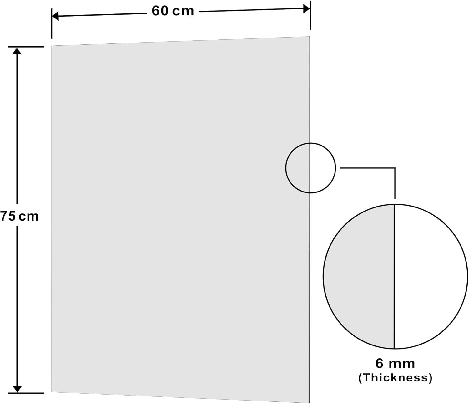 Diagram showing the dimensions of the white glass splashback 60x75cm with 6mm thickness.