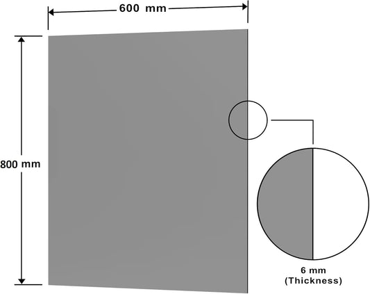 Diagram showing the dimensions of the white glass splashback 60x80cm with 6mm thickness.