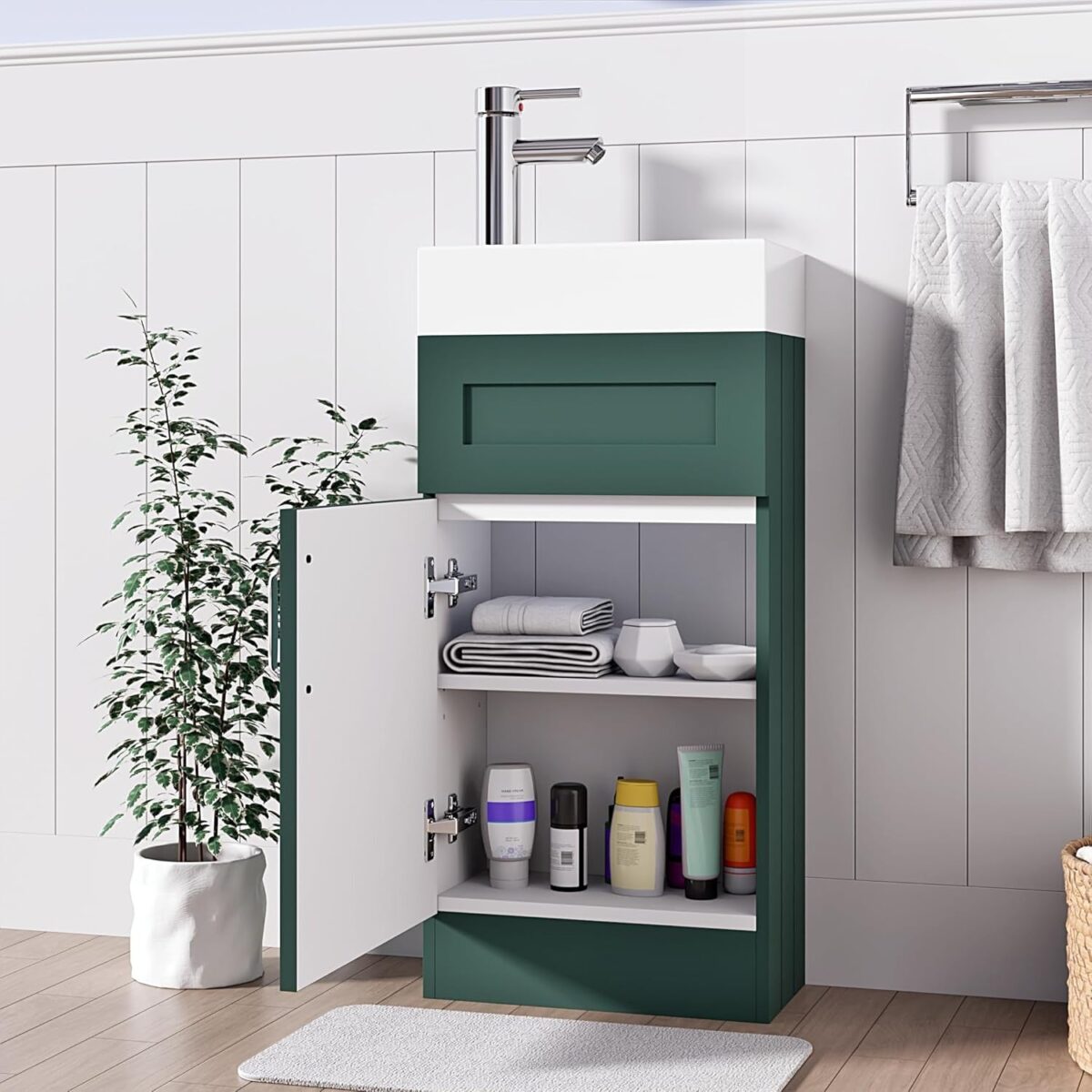 Open storage view of the 400mm green vanity unit with ample space.