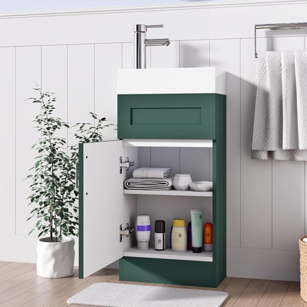 Open storage view of the 400mm green vanity unit with ample space.
