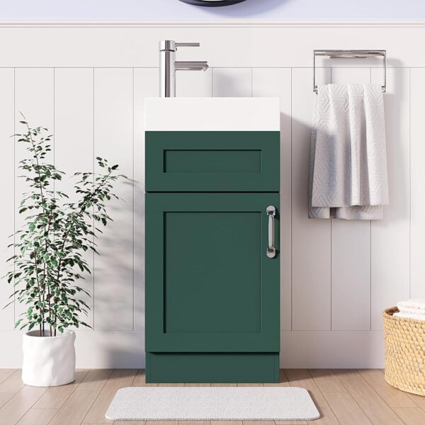 400mm green vanity unit with a basin, chrome tap, and modern accessories.