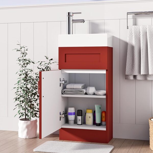 400mm red vanity unit with open storage, showcasing neatly stacked towels and toiletries.